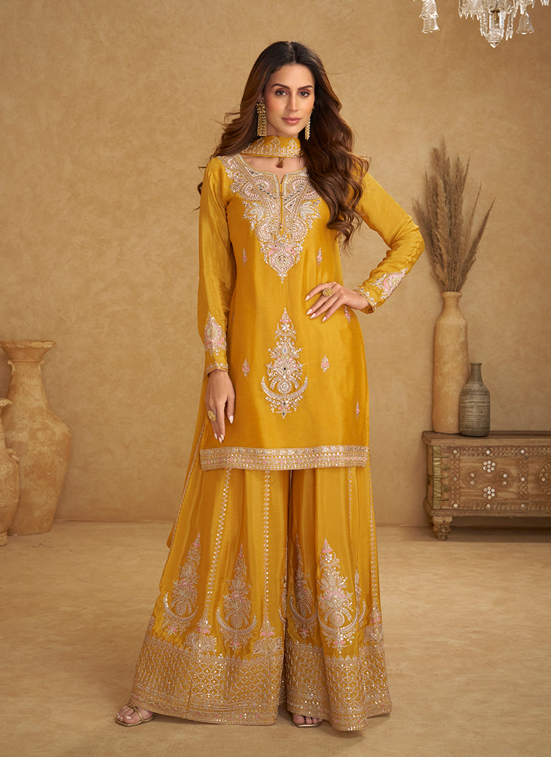 Yellow Embroidered Party Wear Palazzo Suit