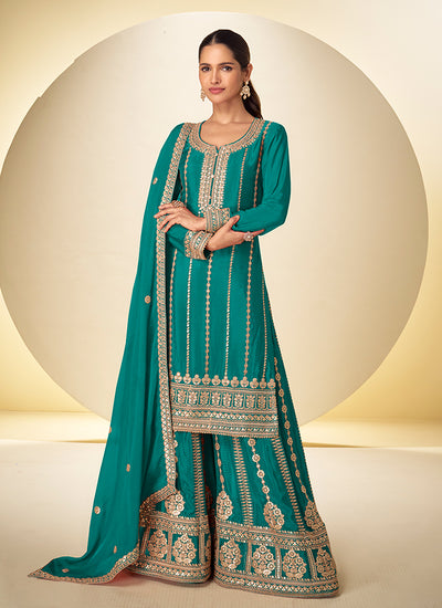 Teal Green Embroidered Silk Palazzo Suit