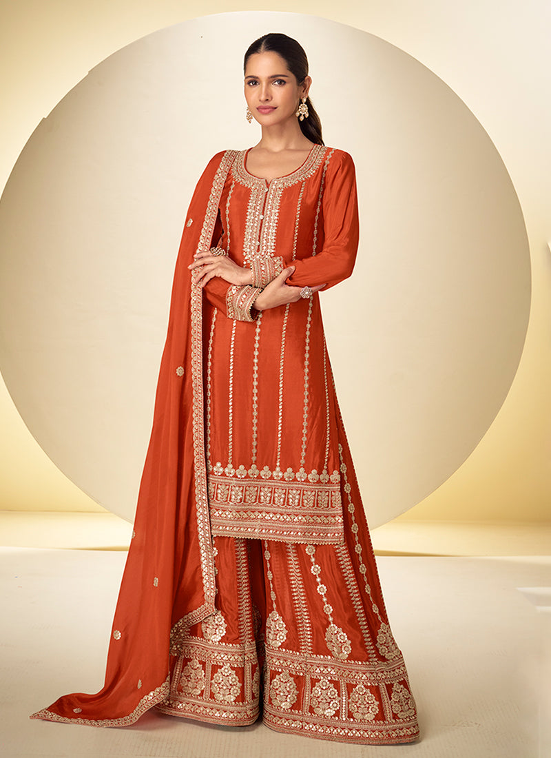 Burnt Orange Embroidered Silk Palazzo Suit