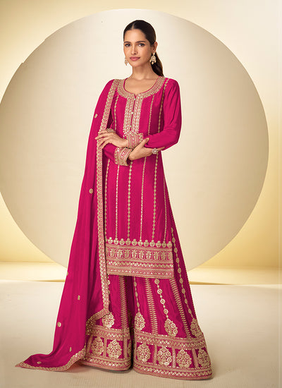 Rani Pink Embroidered Silk Palazzo Suit