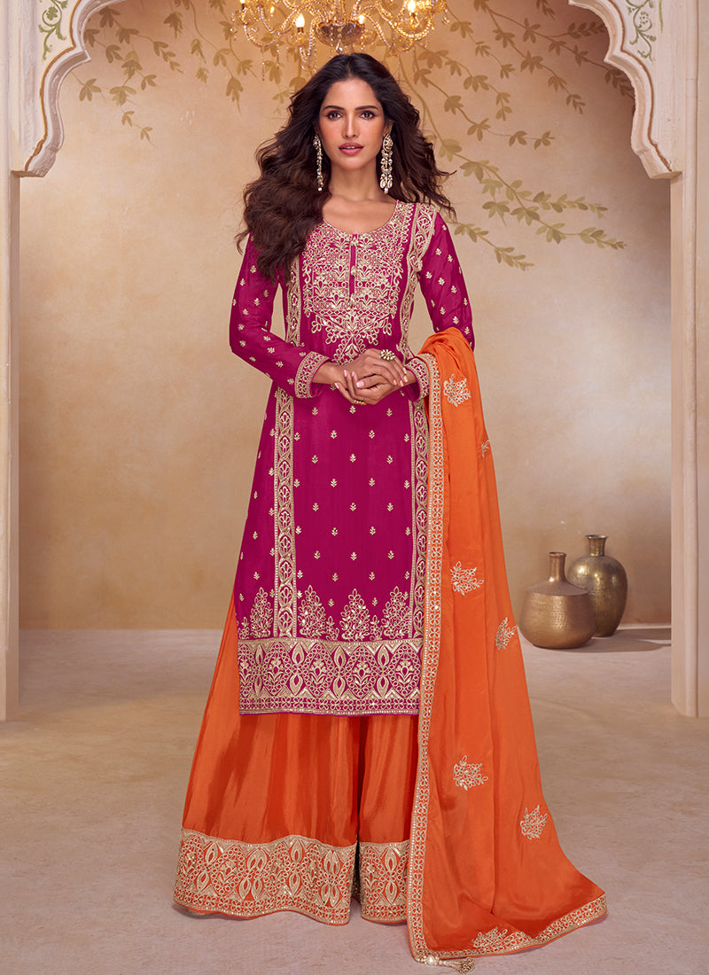 Magenta and Orange Embroidered Festive Palazzo Suit