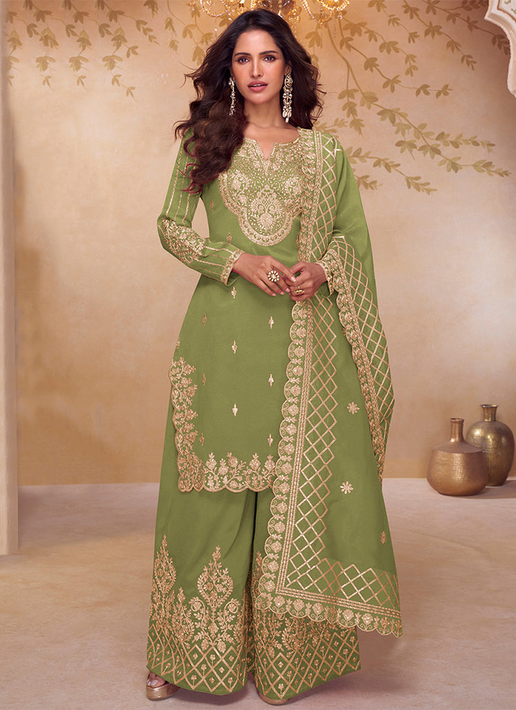Green Embroidered Party Wear Palazzo Suit