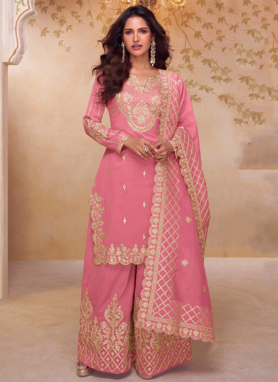 Pink Embroidered Party Wear Palazzo Suit