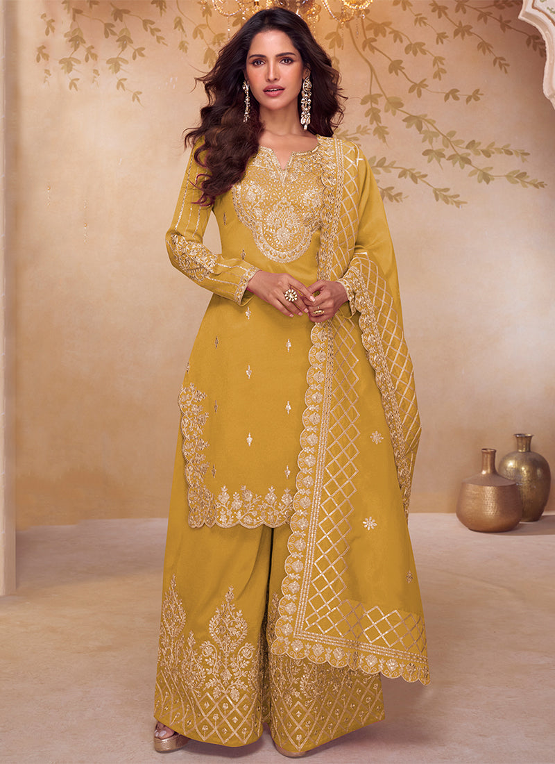 Yellow Embroidered Party Wear Palazzo Suit