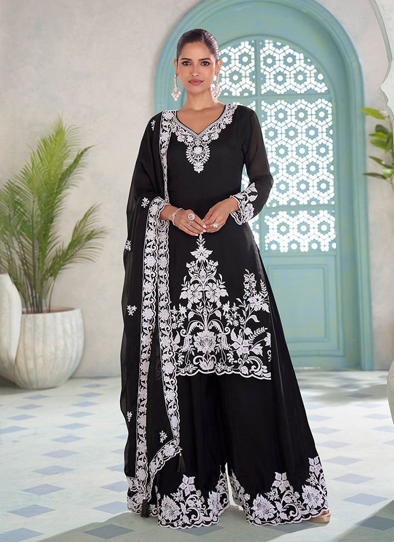 Black and White Thread Embroidery Palazzo Style Suit