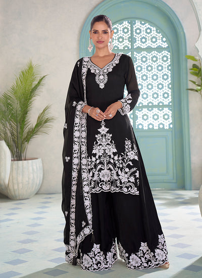 Black and White Thread Embroidery Palazzo Style Suit