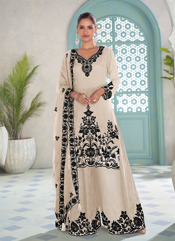 Cream and Black Thread Embroidery Palazzo Style Suit