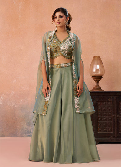 Green Embroidered Cape Style Palazzo Suit