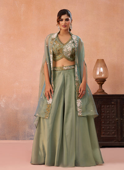 Green Embroidered Cape Style Palazzo Suit