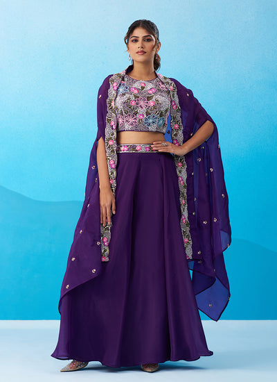 Purple Embroidered Cape Style Palazzo Suit