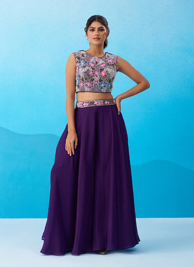 Purple Embroidered Cape Style Palazzo Suit