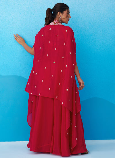 Magenta Pink Embroidered Cape Style Palazzo Suit