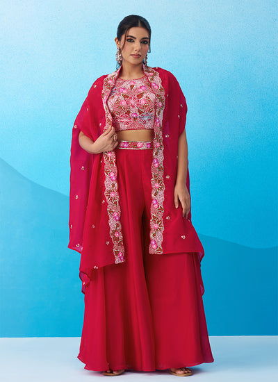 Magenta Pink Embroidered Cape Style Palazzo Suit
