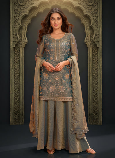 Olive Green Handwork Embroidery Palazzo Suit