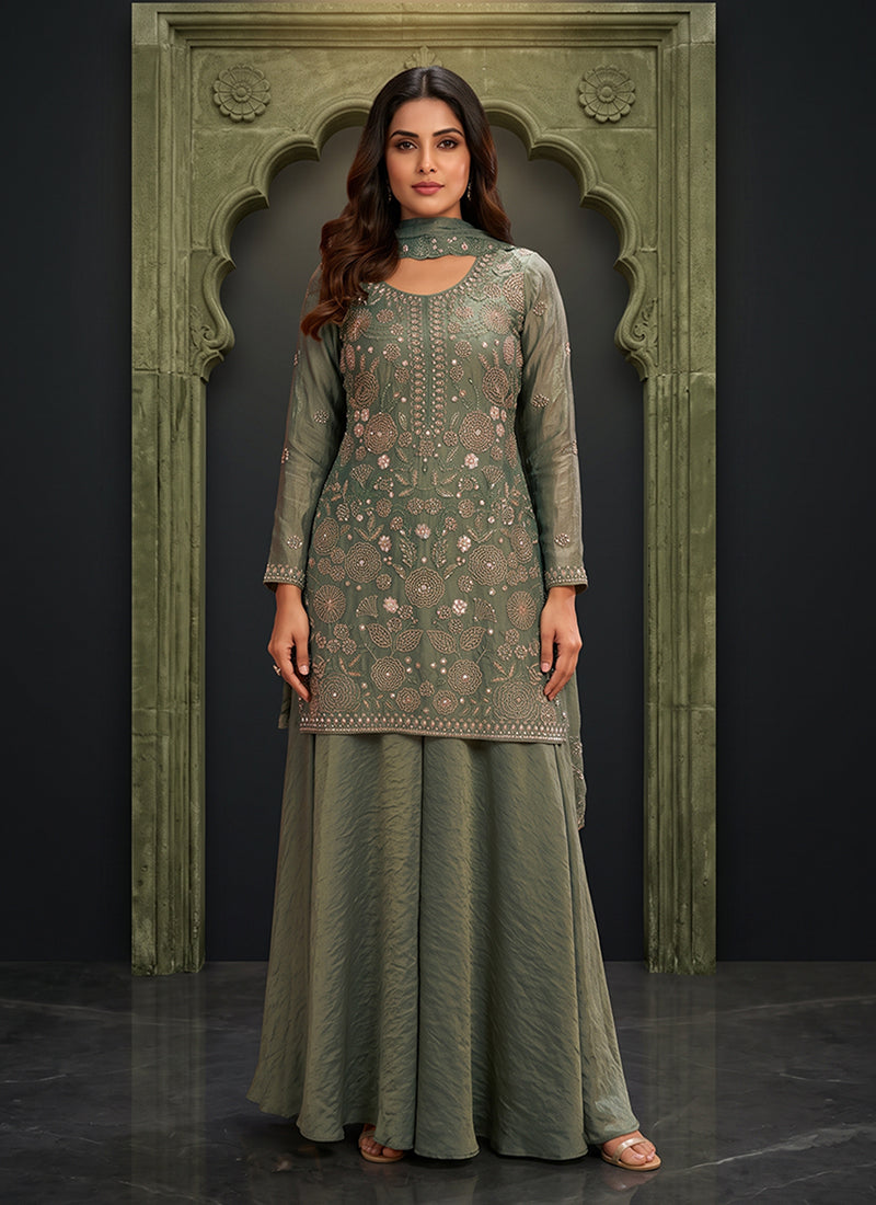 Teal Green Handwork Embroidery Palazzo Suit