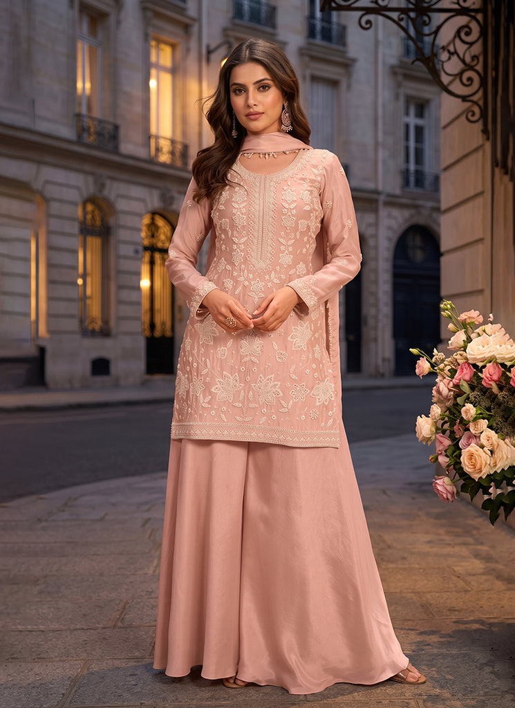Peach Handwork Chinnon Palazzo Suit
