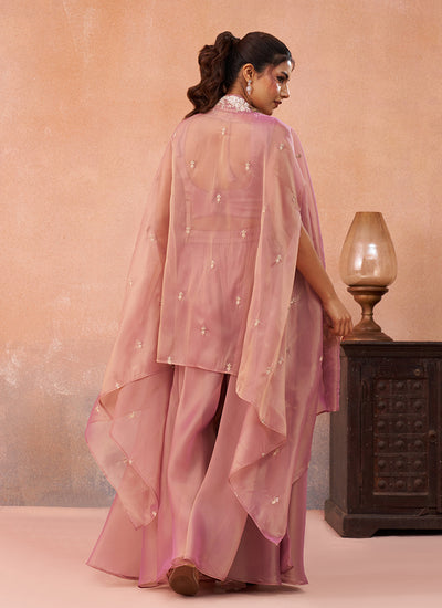 Pink Embroidered Cape Style Palazzo Suit