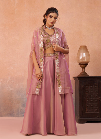 Pink Embroidered Cape Style Palazzo Suit