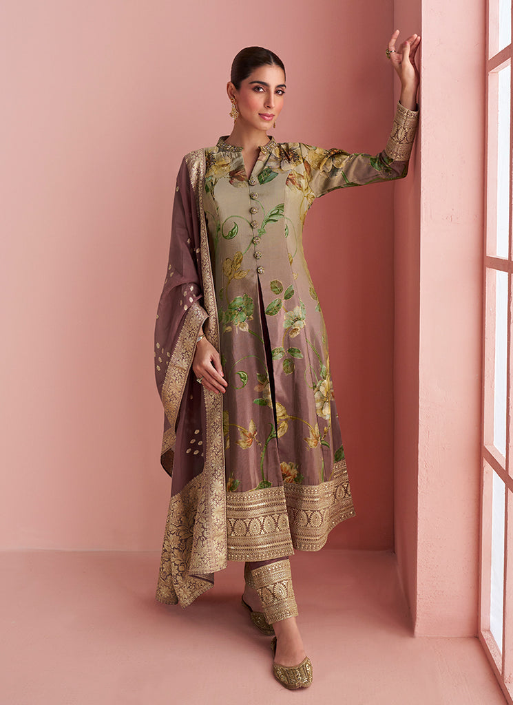 Beige Brown Embroidery Slit-Style Anarkali Pant Suit