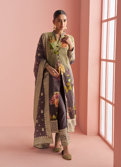 Green Brown Embroidery Slit-Style Anarkali Pant Suit