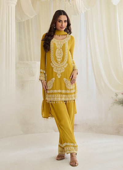 Yellow Handwork Embroidery Pant Style Suit