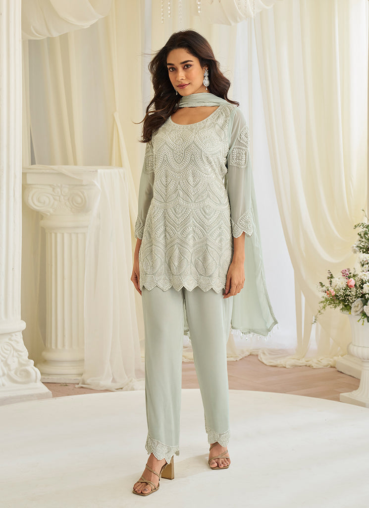 Pastel Green Handwork Embroidery Pant Style Suit