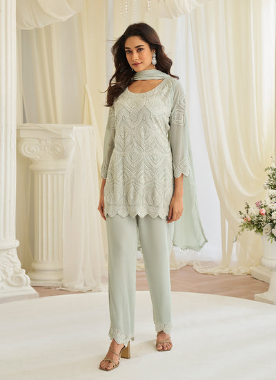 Pastel Green Handwork Embroidery Pant Style Suit