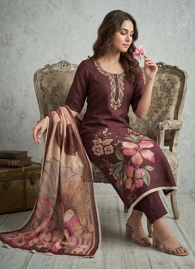 Brown Floral Printed Cotton Pant Suit
