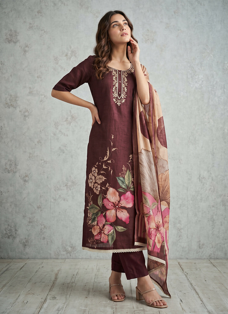 Brown Floral Printed Cotton Pant Suit
