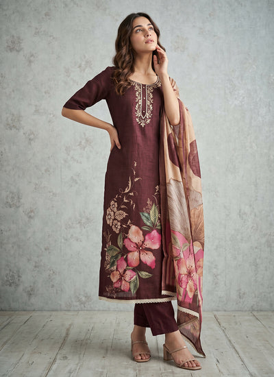 Brown Floral Printed Cotton Pant Suit