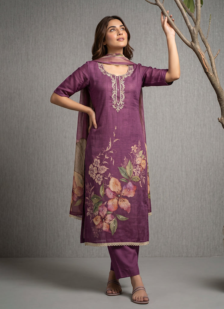 Purple Floral Printed Cotton Pant Suit