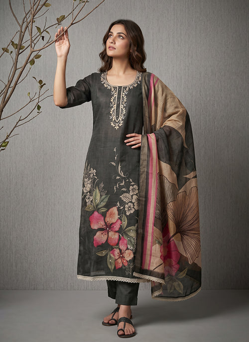 Black Floral Printed Cotton Pant Suit