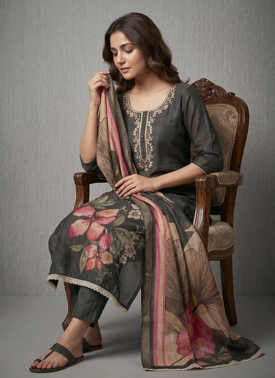 Black Floral Printed Cotton Pant Suit