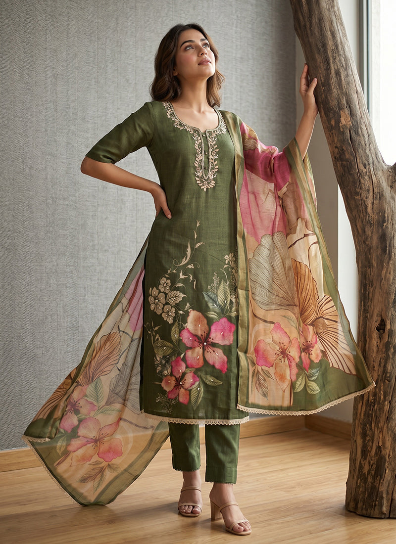 Green Floral Printed Cotton Pant Suit