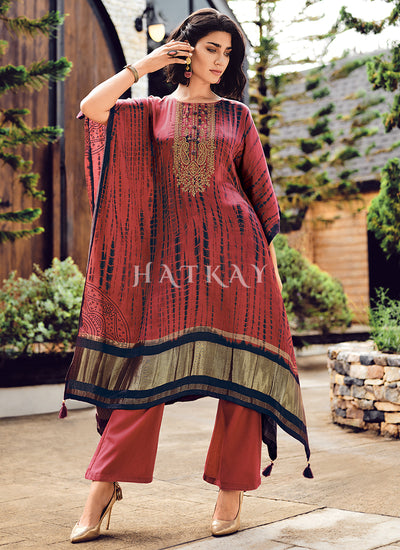 Deep Red Embroidery Kaftan Style Pant Suit