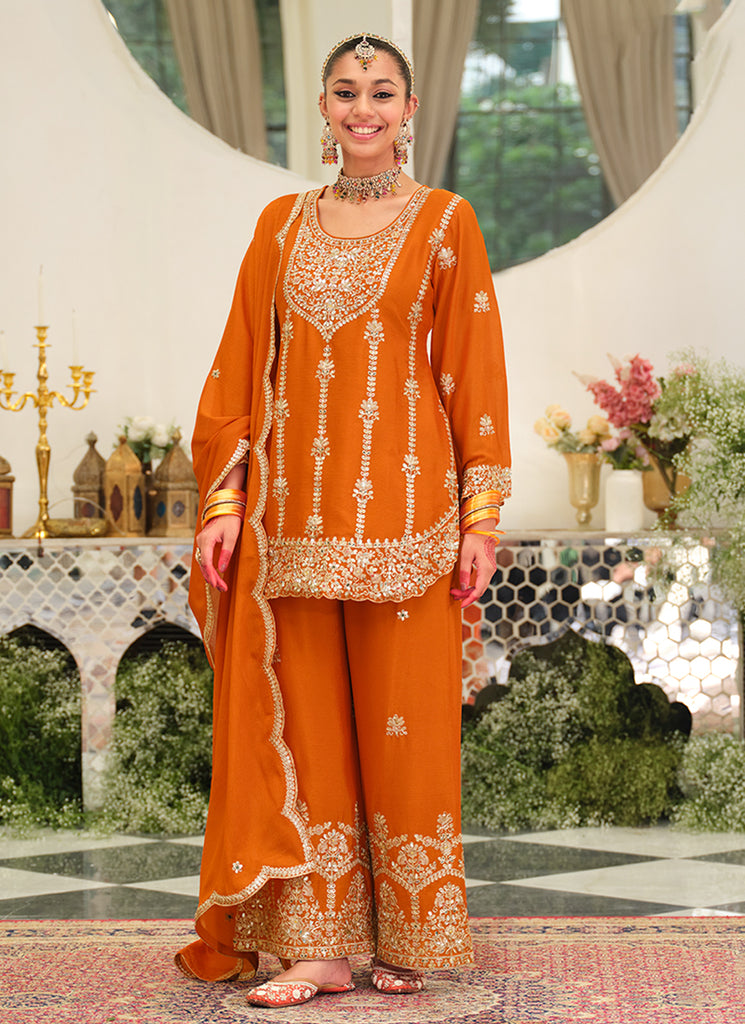 Orange Embroidery Palazzo Style Pant Suit