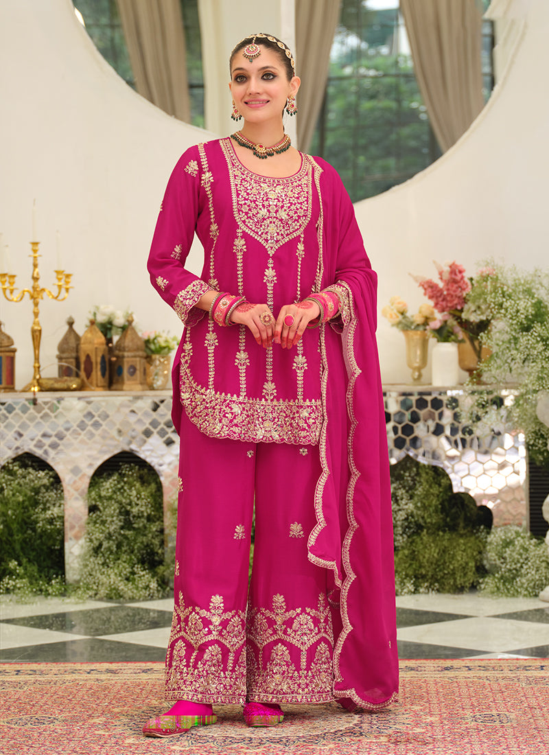 Magenta Embroidery Palazzo Style Pant Suit
