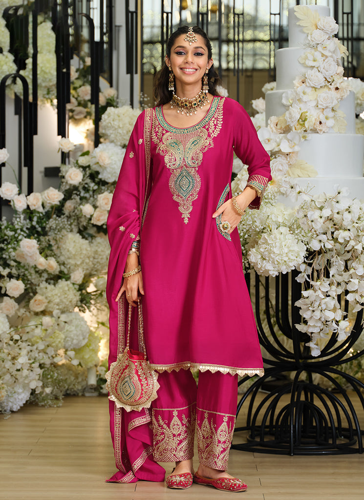 Magenta Multi Embroidered Pant Style Suit