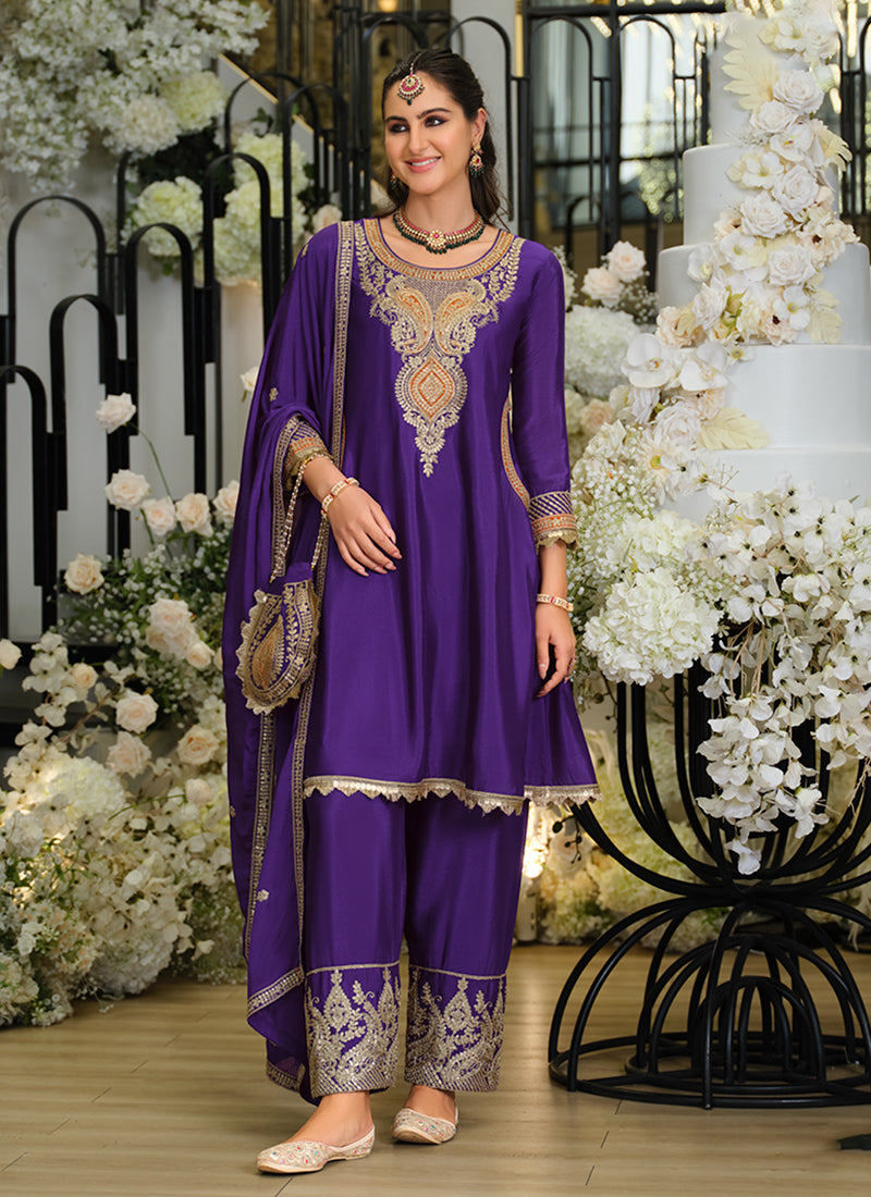 Purple Multi Embroidered Pant Style Suit