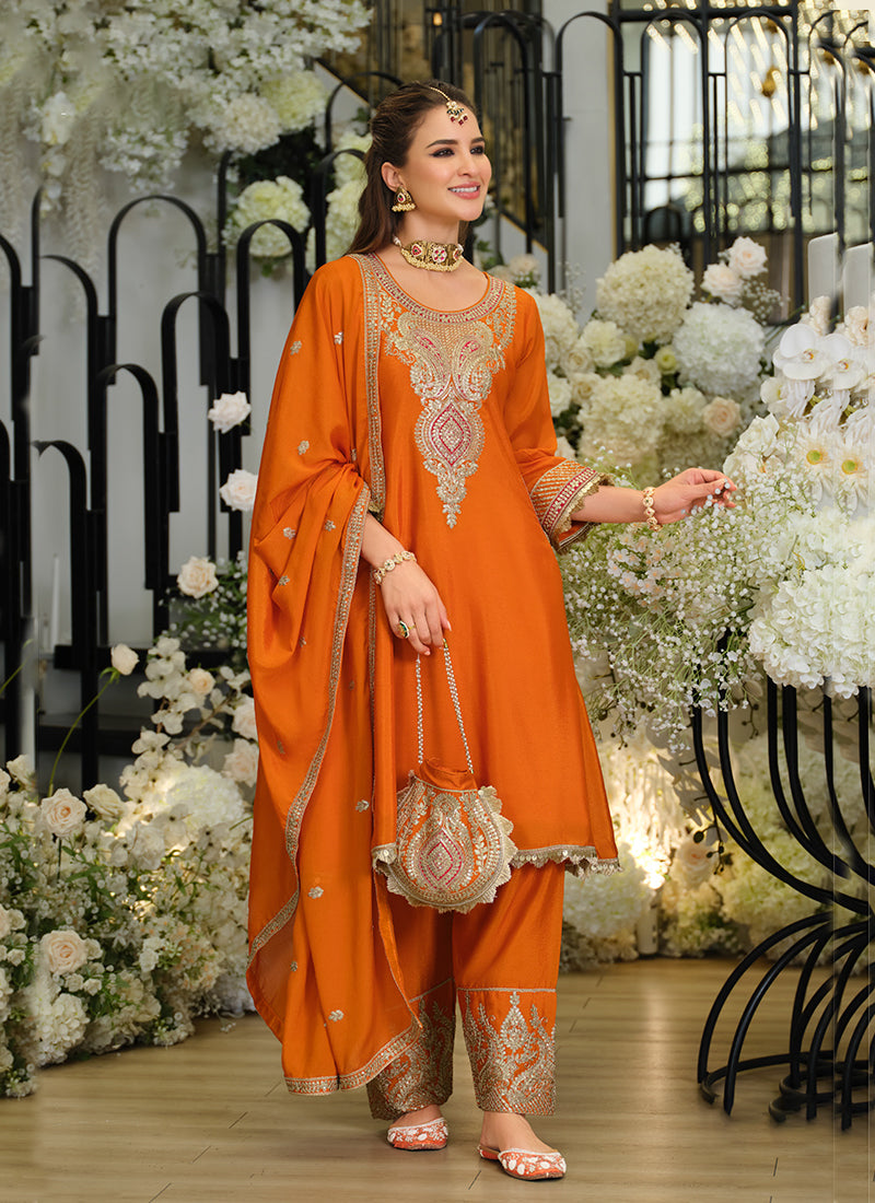 Orange Multi Embroidered Pant Style Suit