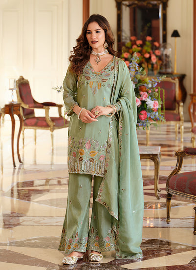 Mint Green Multi Embroidered Silk Pant Style Suit