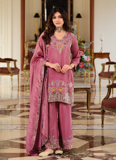 Rose Pink Multi Embroidered Silk Pant Style Suit