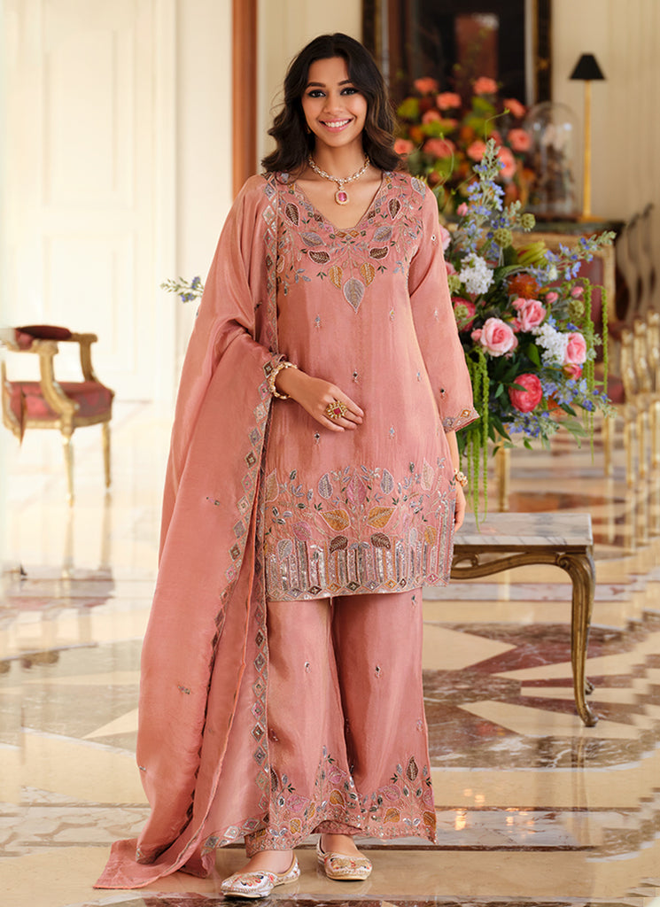 Peach Multi Embroidered Silk Pant Style Suit