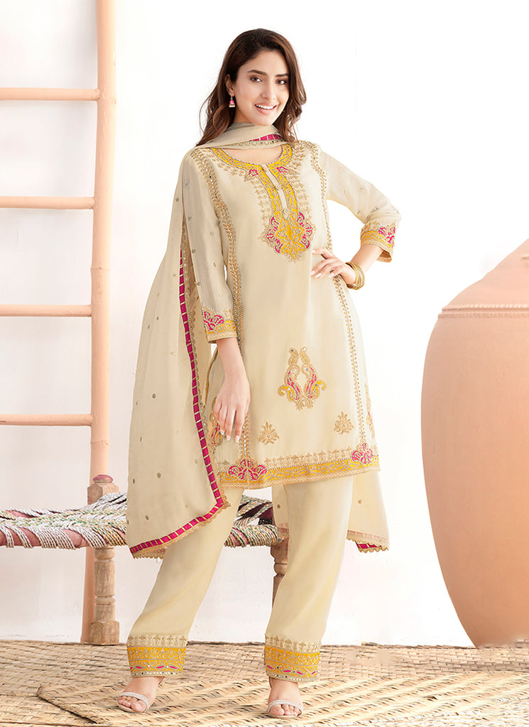Cream Multi Embroidery Traditional Pant Style Suit