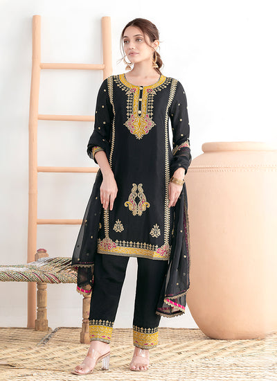 Black Multi Embroidery Traditional Pant Style Suit