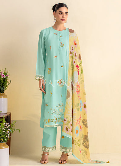 Sky Blue And Yellow Chilankari Embroidery Salwar Kameez