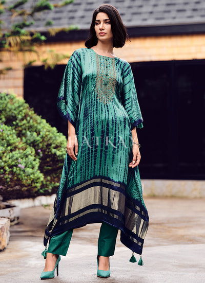 Turquoise Embroidery Kaftan Style Pant Suit