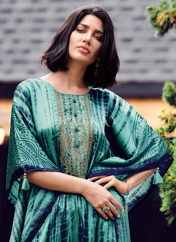 Turquoise Embroidery Kaftan Style Pant Suit