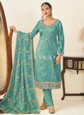 Teal Blue Embroidery Pant Style Suit
