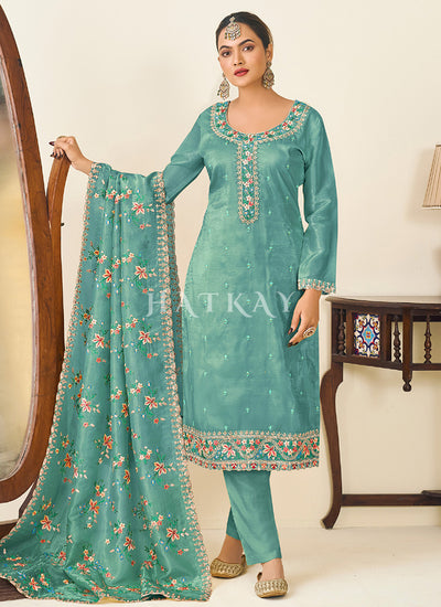 Teal Blue Embroidery Pant Style Suit